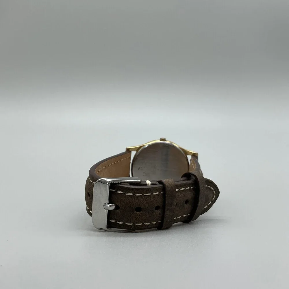 Vintage Seiko Mens Watch 32mm Black Dial Gold Tone Leather 5Y30-7A71 New Battery
